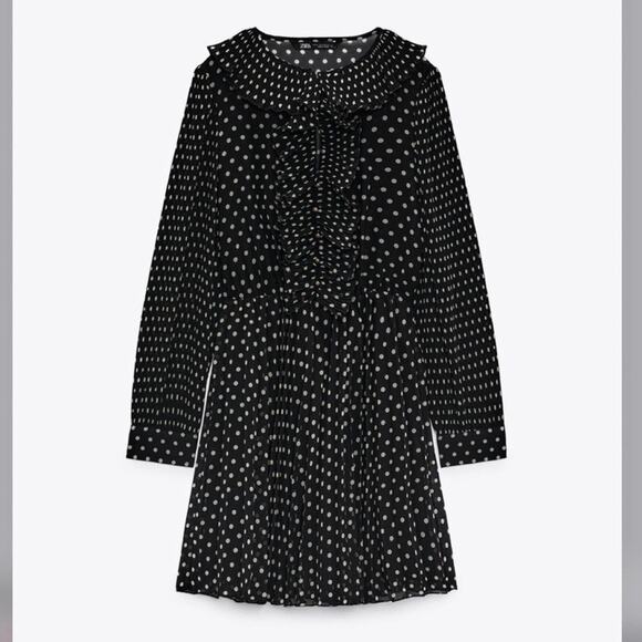 Zara Pleated Black Dress with White Polka Dot Printed Size Medium - Picture 7 of 9